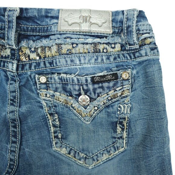 Miss Me Jeans Mid Rise Easy Boot Cut Faux Flap Size 30x29 READ Stretch Med Wash - Picture 14 of 16